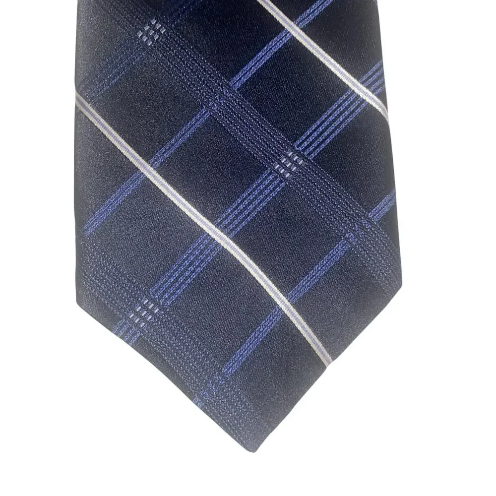 DKNY Men's Black Blue White Plaid 100% Silk Necktie 60”x3.25”